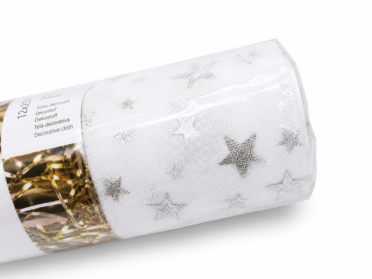 Tissu décoratif blanc à étoiles argentées – 12 cm × 2,50 m