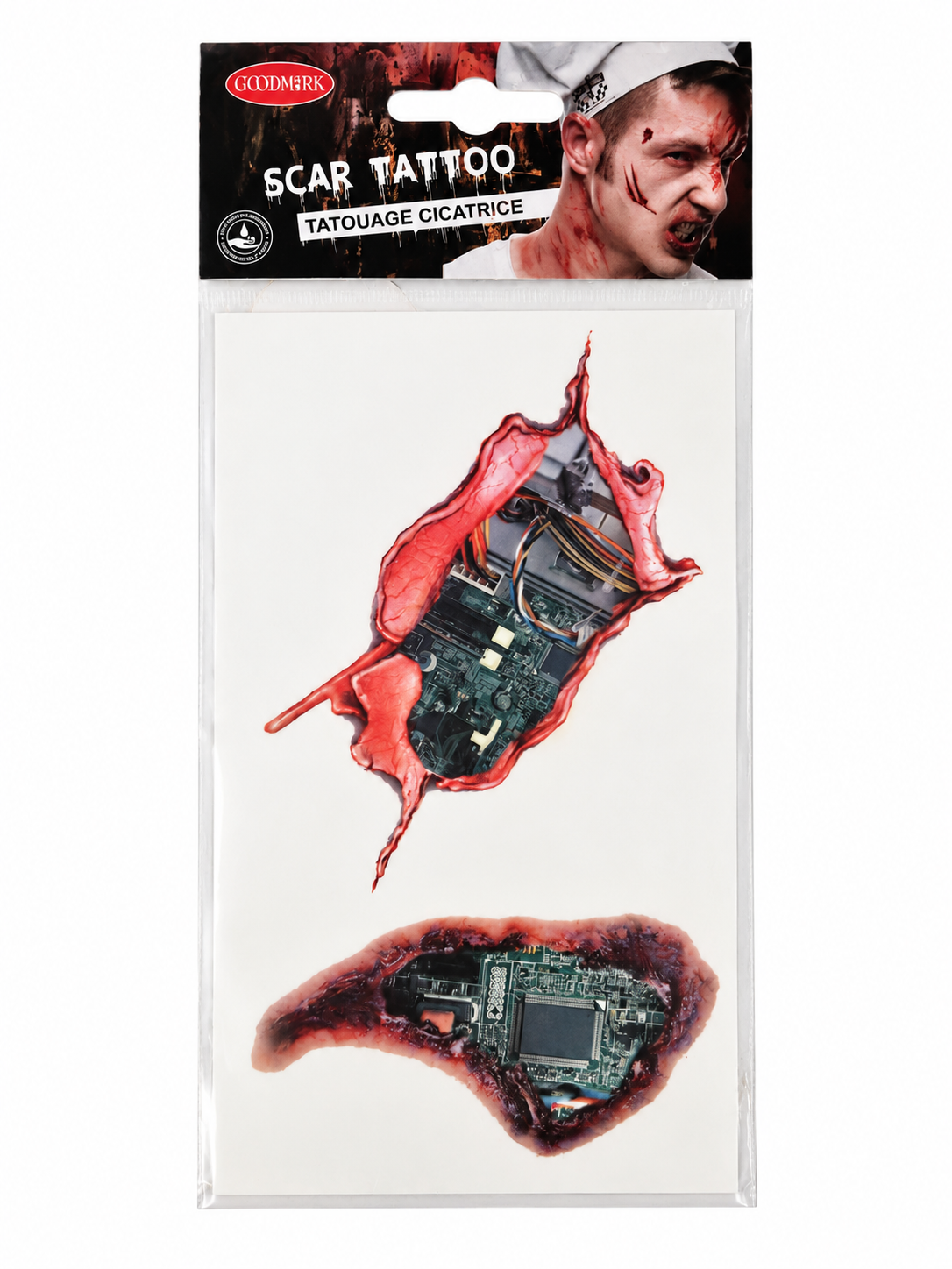 Tatouages temporaires cicatrices Halloween Goodmark – Effet peau déchirée / électronique